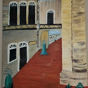SPANISH COURTYARD OIL PAINTING 18 x 24 canvas original.